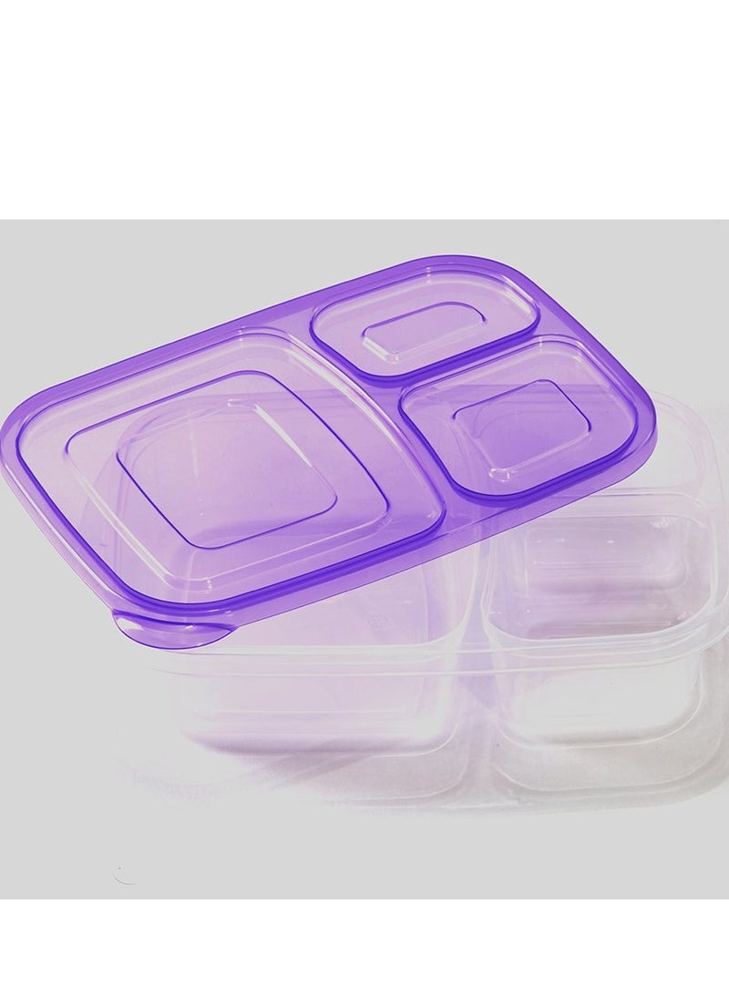 Deep plastic lunch box, 3 compartments, rectangular shape, capacity (2.2 liters), for trips, schools and clubs. Light purple color.