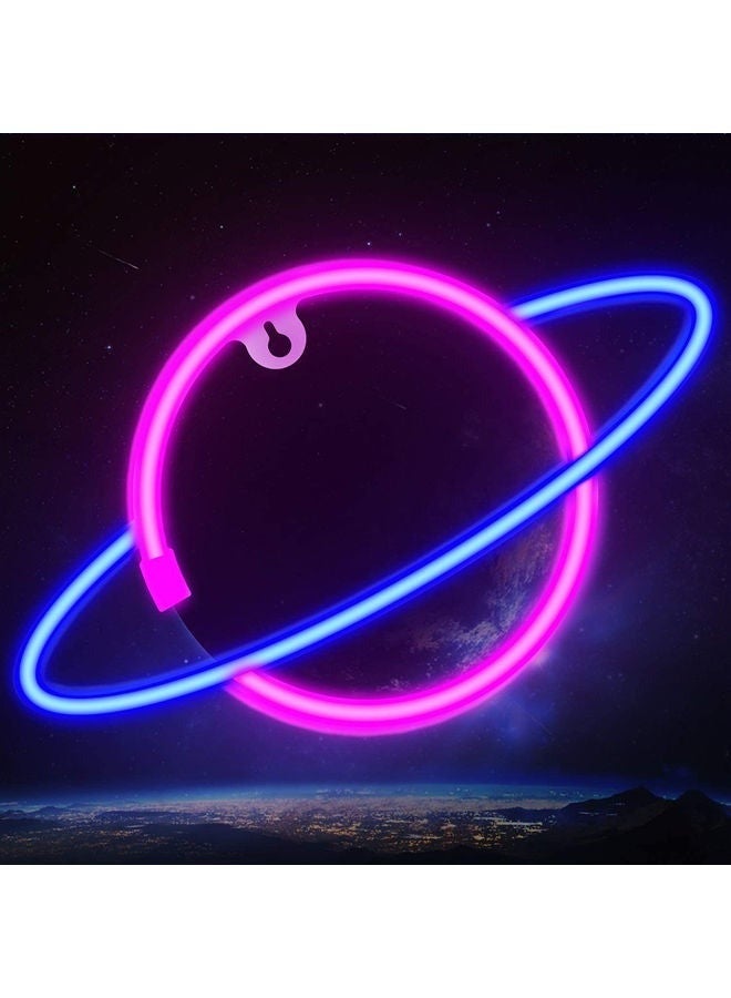 كابتن تيك مصباح نيون LED على شكل كوكب تزيّن ديكور الحائط بمنفذ USB أزرق وردي 30 x 17.5سم - Image 1