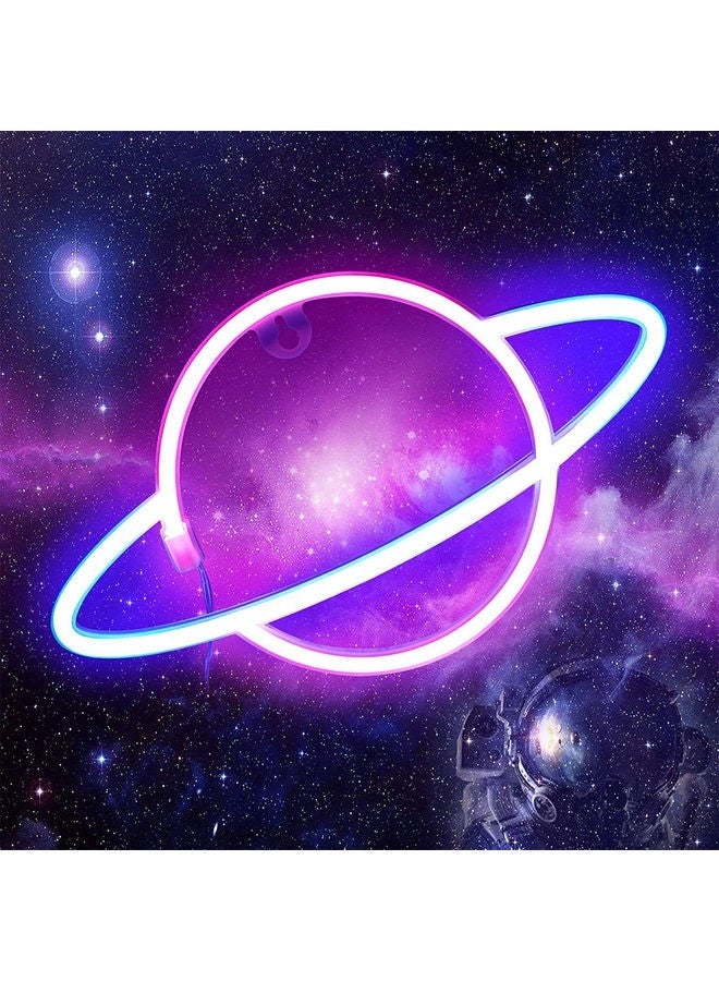 كابتن تيك مصباح نيون LED على شكل كوكب تزيّن ديكور الحائط بمنفذ USB أزرق وردي 30 x 17.5سم - Image 3