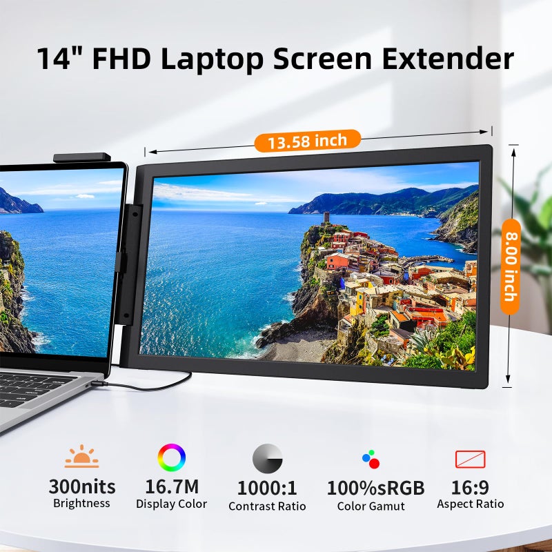 MAGICRAVEN Laptop Screen Extender, 14" 1080P Portable Monitor, Type-C HDMI Plug and Play for 13.3" - 16.1" Laptops, 270Â° Rotation Attachment Display for Windows/MacOS/Chrome Laptop Phone - Image 3