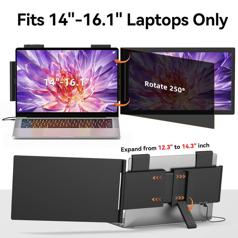 MAGICRAVEN Laptop Screen Extender, 14" 1080P Portable Monitor, Type-C HDMI Plug and Play for 13.3" - 16.1" Laptops, 270Â° Rotation Attachment Display for Windows/MacOS/Chrome Laptop Phone - Image 2