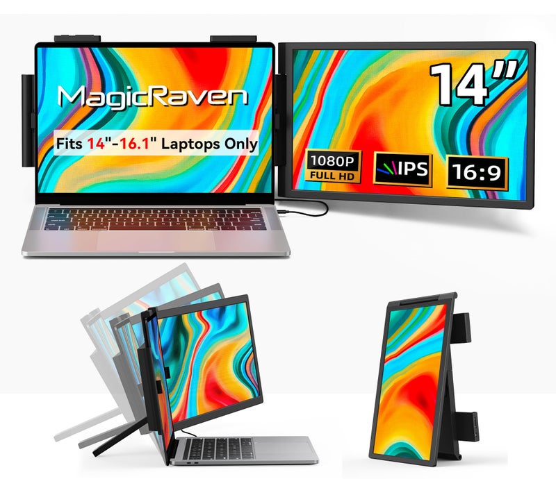MAGICRAVEN Laptop Screen Extender, 14" 1080P Portable Monitor, Type-C HDMI Plug and Play for 13.3" - 16.1" Laptops, 270Â° Rotation Attachment Display for Windows/MacOS/Chrome Laptop Phone - Image 1