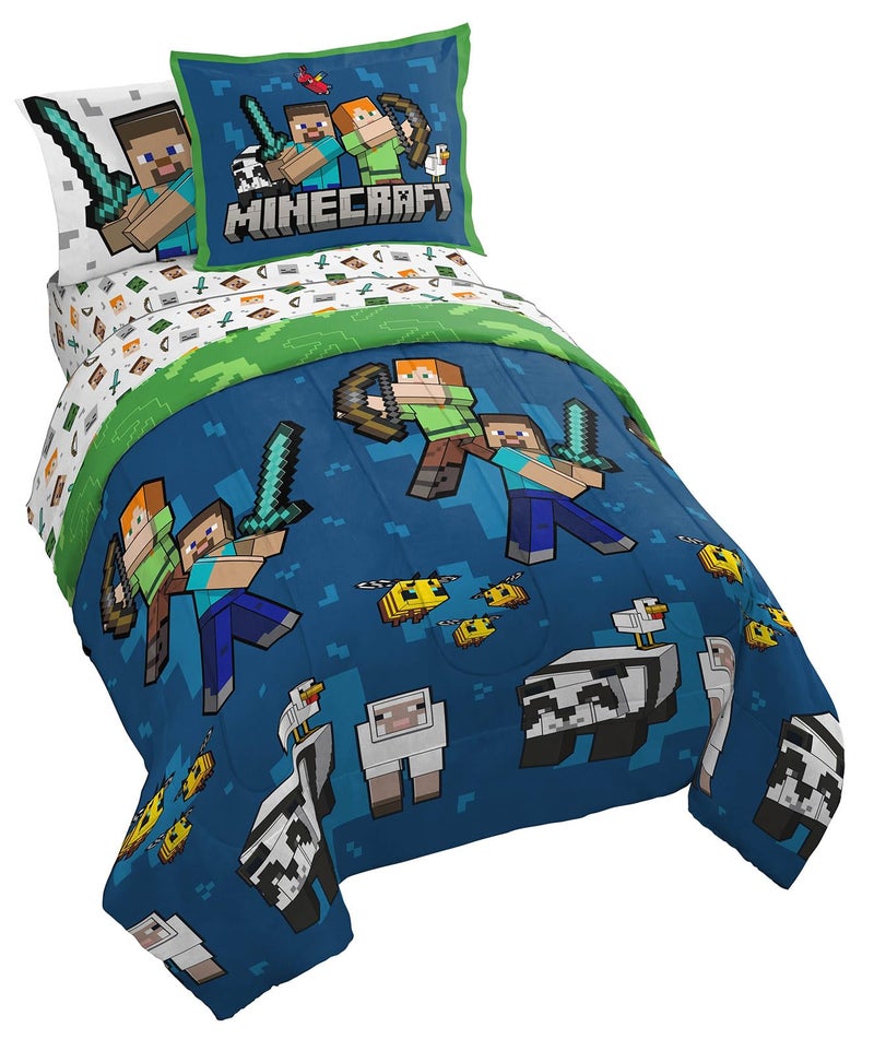 Jay Franco Minecraft Twin Comforter Set - 5 Piece Bedding Includes Sheet Set & Pillow Covers - Super Soft Kids Bedding Features Creeper & Zombie - Image 1