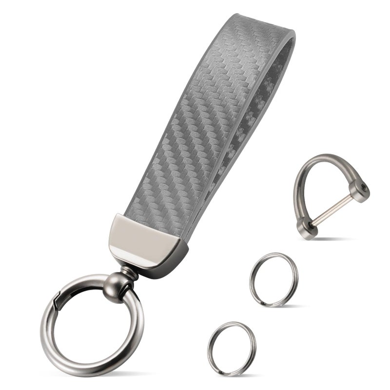 JUSTTOP Leather Keychain, Carbon Fiber Car Key Chain with Anti-Lost D-Ring and 2 Key Ring, Keychain Wristlet, Car Accessories, Universal Keychain for Men and Women (Grey) - Image 1