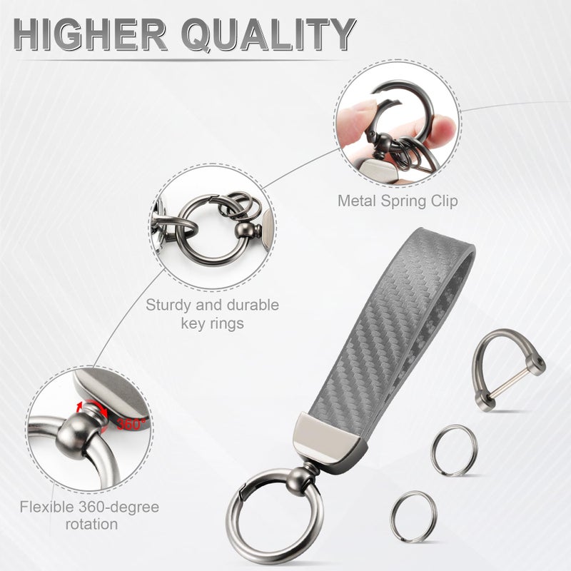 JUSTTOP Leather Keychain, Carbon Fiber Car Key Chain with Anti-Lost D-Ring and 2 Key Ring, Keychain Wristlet, Car Accessories, Universal Keychain for Men and Women (Grey) - Image 4