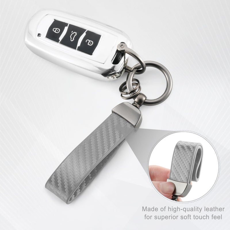 JUSTTOP Leather Keychain, Carbon Fiber Car Key Chain with Anti-Lost D-Ring and 2 Key Ring, Keychain Wristlet, Car Accessories, Universal Keychain for Men and Women (Grey) - Image 3