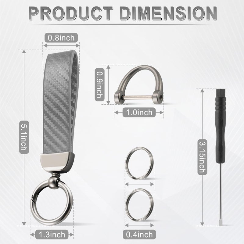 JUSTTOP Leather Keychain, Carbon Fiber Car Key Chain with Anti-Lost D-Ring and 2 Key Ring, Keychain Wristlet, Car Accessories, Universal Keychain for Men and Women (Grey) - Image 2