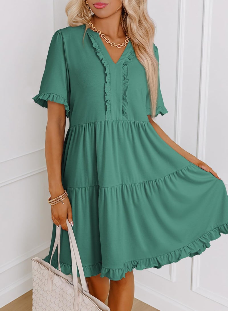Dokotoo Summer Dresses for Women Short Sleeve V Neck Empire Waist Casual Flowy Swing Plus Size Babydoll Western Tiered Tunic A Line Dresses with Pockets Sage Green Dress L - Image 2