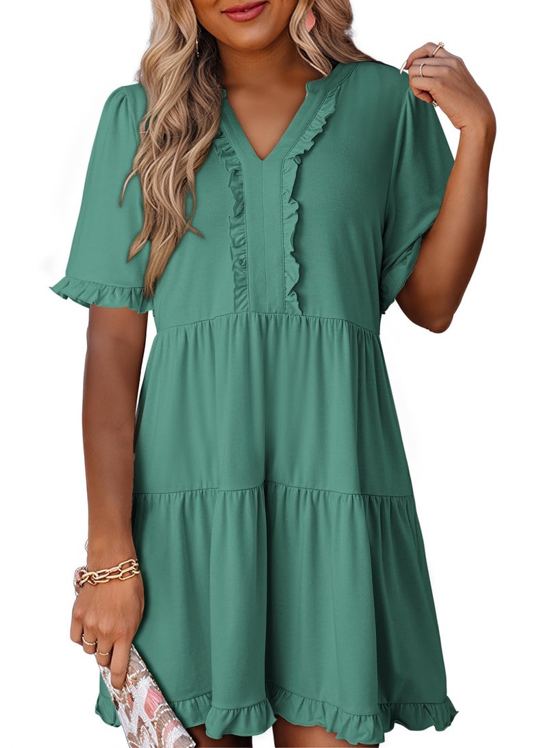 Dokotoo Summer Dresses for Women Short Sleeve V Neck Empire Waist Casual Flowy Swing Plus Size Babydoll Western Tiered Tunic A Line Dresses with Pockets Sage Green Dress L - Image 1