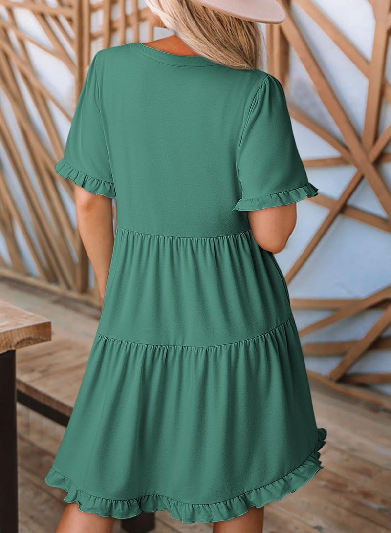 Dokotoo Summer Dresses for Women Short Sleeve V Neck Empire Waist Casual Flowy Swing Plus Size Babydoll Western Tiered Tunic A Line Dresses with Pockets Sage Green Dress L - Image 3