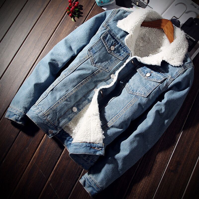 Mens Winter Sherpa Denim Jacket Warm Loose Fit B19 light blue