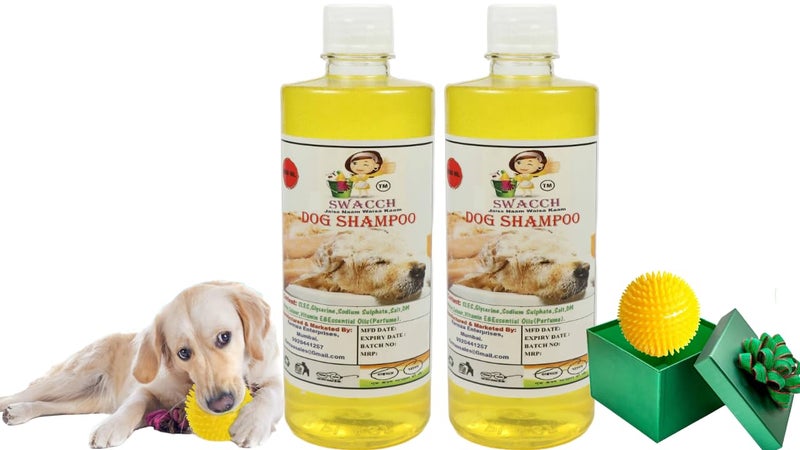swacch Shampoo | Puppy Safe Shampoo | PH Balanced | Ditch to Itch for Dog Shampoo 500ml Pack of 2 (Lemon) + Spike Ball Chew Toy Combo Pack - Image 1