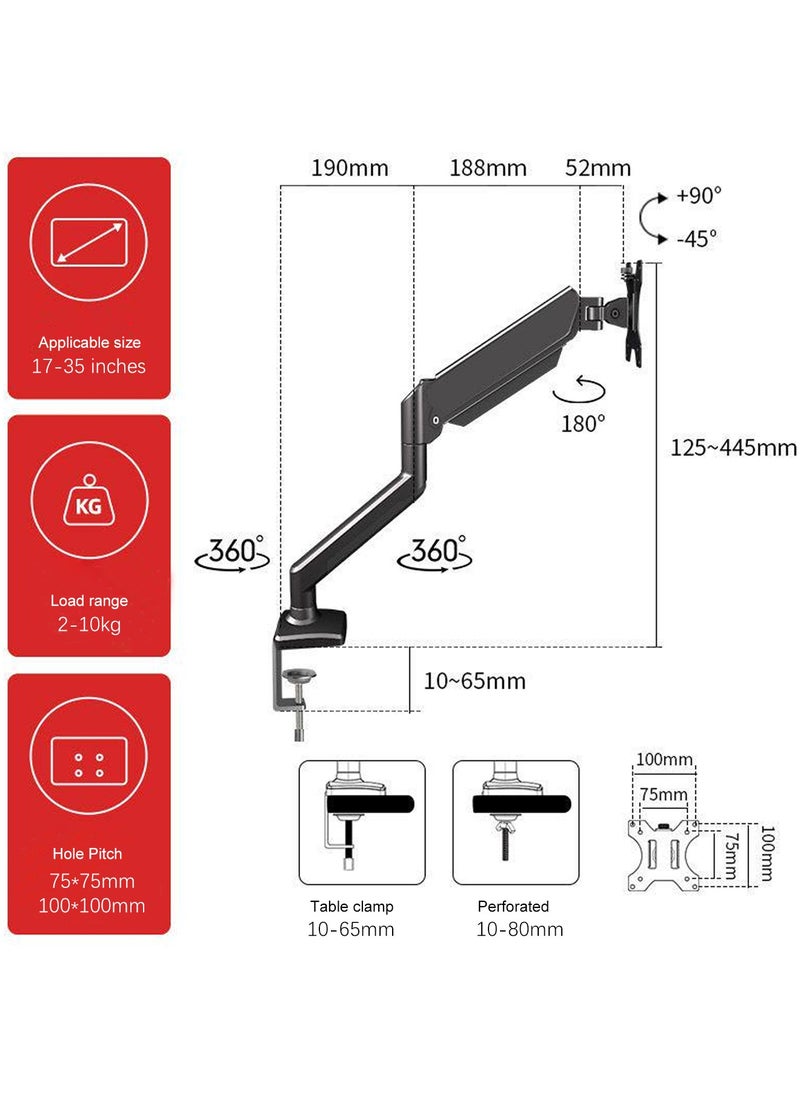 Beauenty - Single Monitor Arm - Ergonomic Monitor Stand VESA Mount, Computer Monitor Arm Gas Spring, VESA Arm Adjustable Monitor arm, Monitor Mount  2 Grommet Mounting Base for 17 to 35'' 2-10 kgs Sceens - Image 1