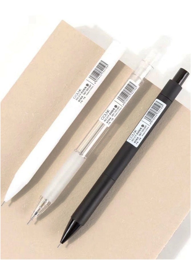 3 Pack Mechanical Pencils Fine Point 0.5mm with Eraser, Black Barrel Refillable Drafting Pencil with Soft Grip (Black/White/Clear) - Image 3