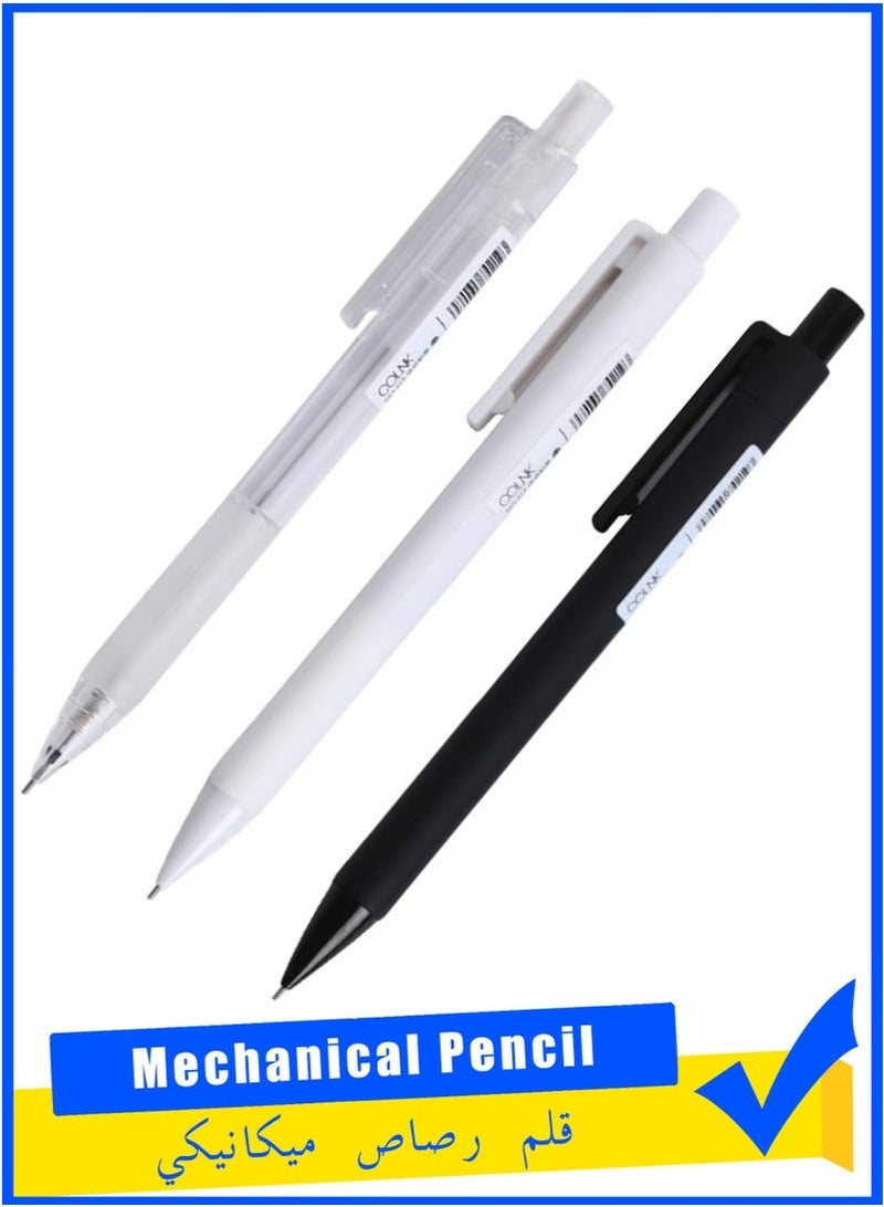 3 Pack Mechanical Pencils Fine Point 0.5mm with Eraser, Black Barrel Refillable Drafting Pencil with Soft Grip (Black/White/Clear) - Image 1