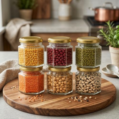 CROCO JAR Hexagon Glass Jar & Container With Rust Free Air Tight Lid, Suitable For Use In Your Home Office, Kitchen Storage/Glass Jar For Kitchen 250 Ml (Pack Of 6) (Golden) - Image 4