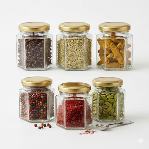 CROCO JAR Hexagon Glass Jar & Container With Rust Free Air Tight Lid, Suitable For Use In Your Home Office, Kitchen Storage/Glass Jar For Kitchen 250 Ml (Pack Of 6) (Golden) - Image 1