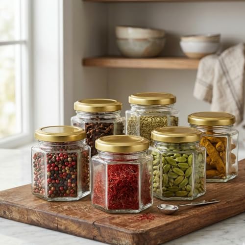 CROCO JAR Hexagon Glass Jar & Container With Rust Free Air Tight Lid, Suitable For Use In Your Home Office, Kitchen Storage/Glass Jar For Kitchen 250 Ml (Pack Of 6) (Golden) - Image 2