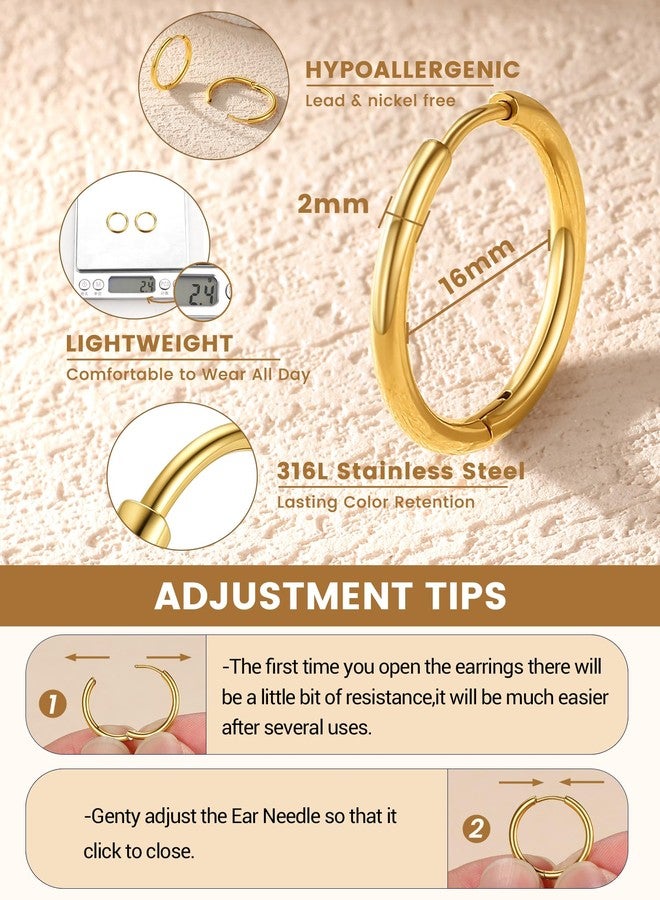 KeyStyle Small Hoop Earrings for Women,Hypoallergenic Stainless Steel Tiny Earrings,Gold Non-Tarnish Cartilage Hoop Earring for Men,Lightweight Sleeper Earrings for Gift,16mm,THK 2 mm - Image 4