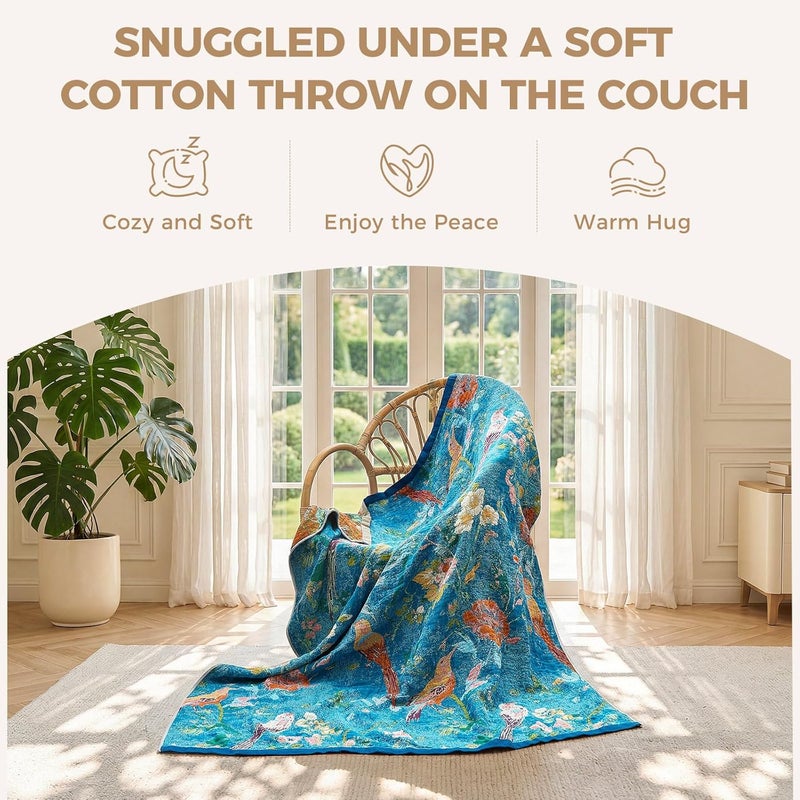 LUTBM Boho Throw Blanket for Bed Cotton Blankets Twin Size for Bedroom Living Room All Season Lightweight Floral Birds Embroidery Quilt for Couch Sofa Chair 60"x80" - Image 4