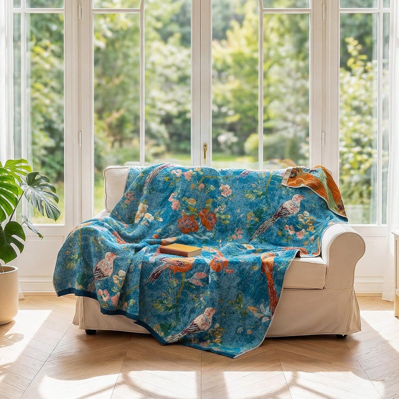 LUTBM Boho Throw Blanket for Bed Cotton Blankets Twin Size for Bedroom Living Room All Season Lightweight Floral Birds Embroidery Quilt for Couch Sofa Chair 60"x80" - Image 5