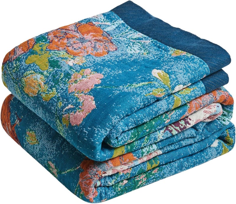 LUTBM Boho Throw Blanket for Bed Cotton Blankets Twin Size for Bedroom Living Room All Season Lightweight Floral Birds Embroidery Quilt for Couch Sofa Chair 60"x80" - Image 1