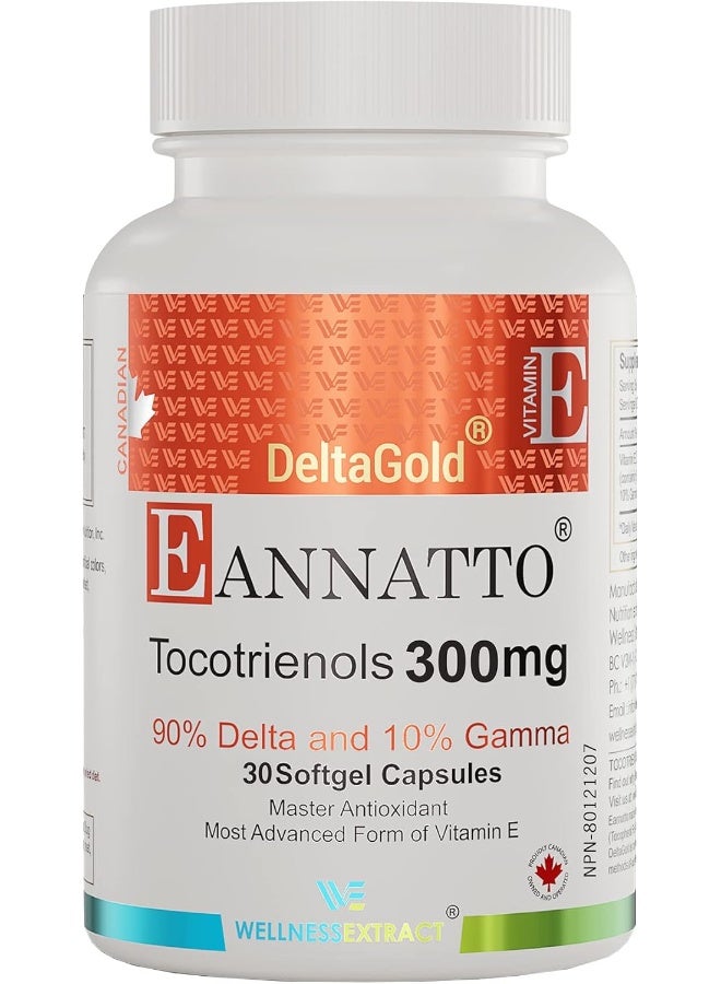 E Annatto Tocotrienols Deltagold 300mg Vitamin E Tocotrienols Supplements Softgel Capsules, Tocopherol Free, Supports Immune Health & Antioxidant Health (90% Delta & 10% Gamma) (300 MG 30 Softgels) - Image 1