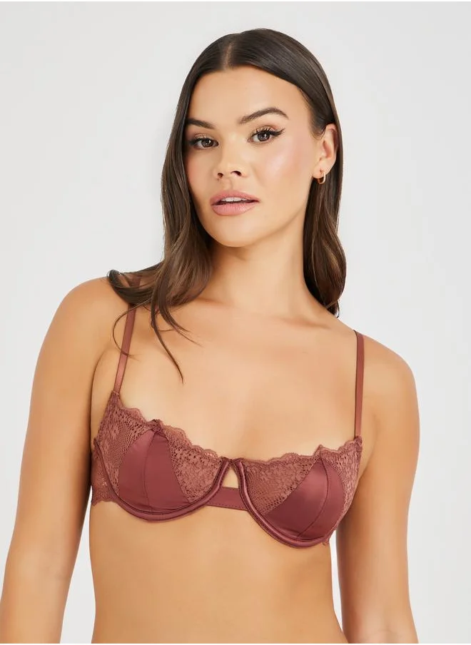 Styli Styli Non-Padded Wired Floral Scallop Edge Lace Balconette Bra with Cut and Sew Panel