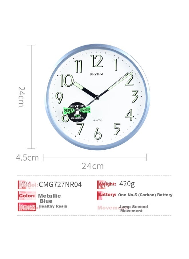 Rhythm Minimalist Luminous Living Room Wall Clock Bedroom Fashion Decorative Clock 24cm Blue Cmg727nr04 - Image 3
