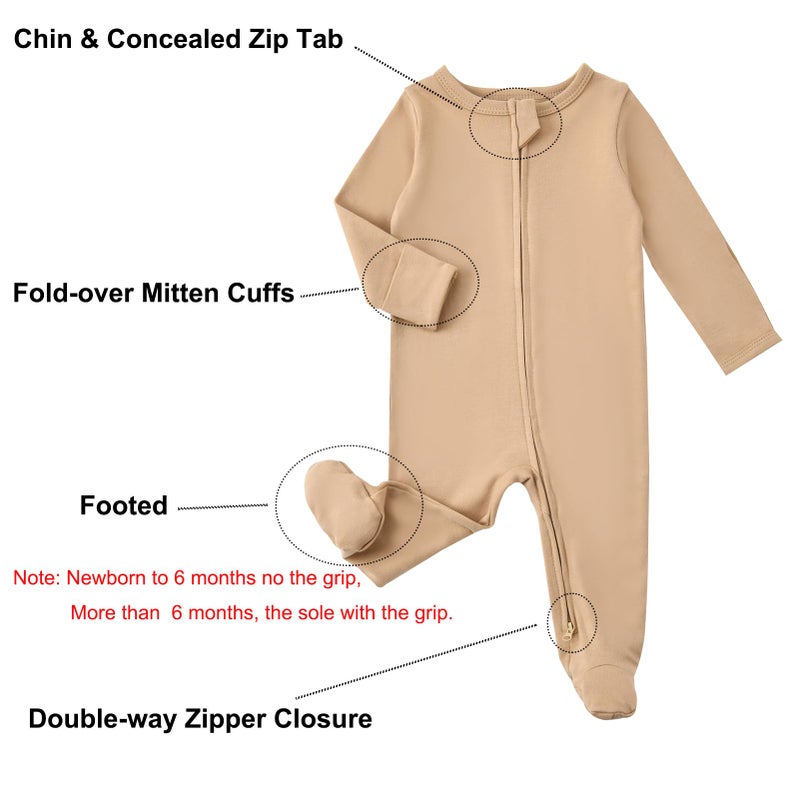 Aablexema Baby Pajamas with Mitten Cuffs Zipper 4-Pack Infant Newborn Cotton Long Sleeve Footie Outfit(Khaki/Beige/Yellow/Dark Pink,3-6m) - Image 2
