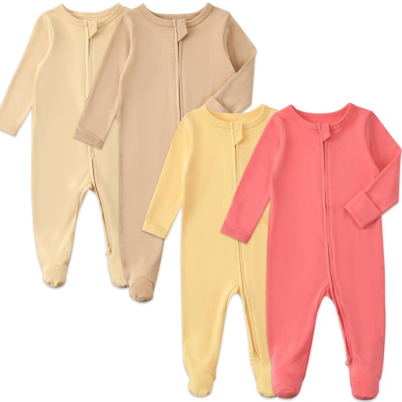 Aablexema Baby Pajamas with Mitten Cuffs Zipper 4-Pack Infant Newborn Cotton Long Sleeve Footie Outfit(Khaki/Beige/Yellow/Dark Pink,3-6m) - Image 1