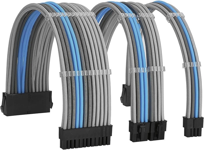 Formulamod Sleeve Extension Power Supply Cable Kit 18AWG ATX 24P+ EPS 8-P+PCI-E8-P with Combs for PSU to Motherboard/GPU Fm-NCK3 (Silver Grey Sky Blue) - Image 1
