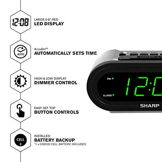 SHARP Digital Alarm with AccuSet Automatic Smart Clock, Never Needs Setting Great for Seniors, Kids, and Everyone who Doesn't Want to Set a Clock! Silver Case with Green LEDs - Image 5