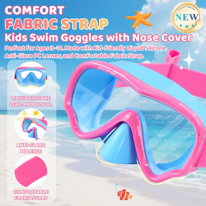 Vvinca Kids Swim Goggles with Nose Cover, Snorkel Diving Mask Fabric Strap Anti Fog Anti Shattered Lens Goggles for Kids 3-15 - Image 2