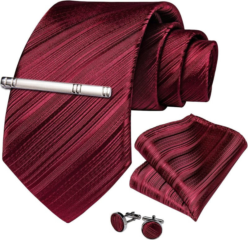 DiBanGu Mens Silk Necktie Solid Color Tie and Pocket Square Cufflink Tie Clip Set Woven Plain Ties for Men Wedding Party - Image 3