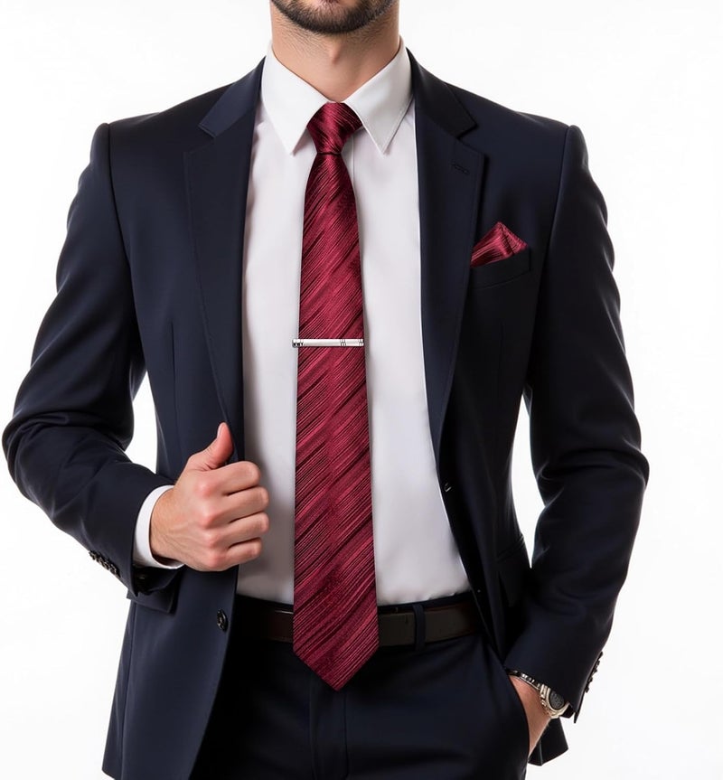 DiBanGu Mens Silk Necktie Solid Color Tie and Pocket Square Cufflink Tie Clip Set Woven Plain Ties for Men Wedding Party - Image 2