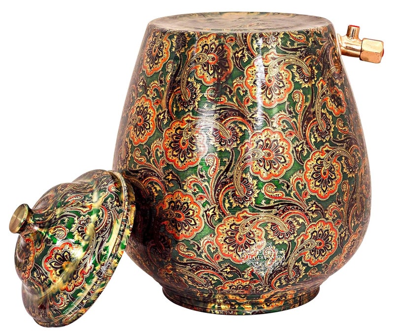 INDIAN ART VILLA Indian Art Villa Printed Copper Dispenser Pot Bottle Green 13 L  - Image 4