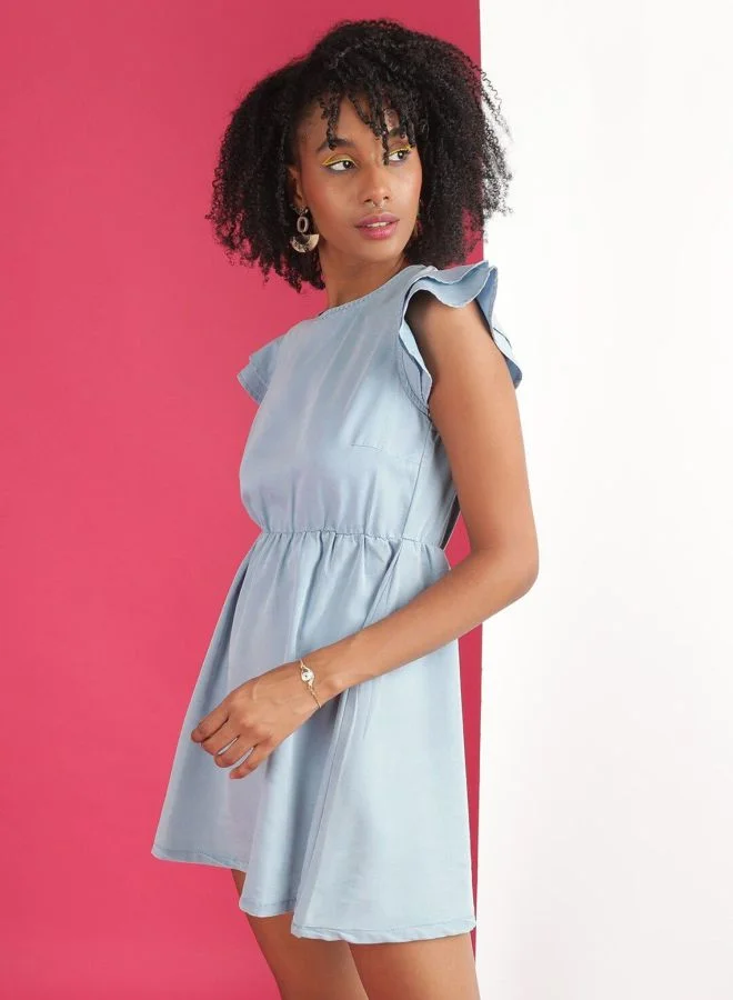Freehand  Women Flared Solid Round Neck Short Sleeve Denim Flare Dress for Women | Best Price UAE