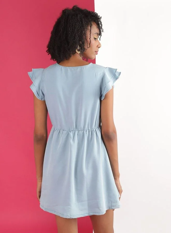 Freehand  Women Flared Solid Round Neck Short Sleeve Denim Flare Dress for Women | Best Price UAE