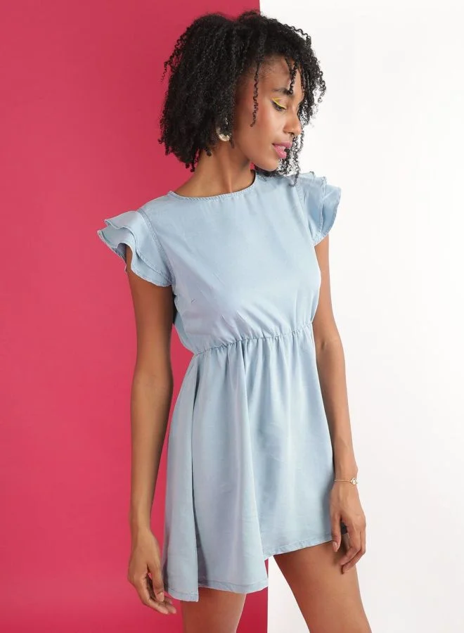 Freehand  Women Flared Solid Round Neck Short Sleeve Denim Flare Dress for Women | Best Price UAE