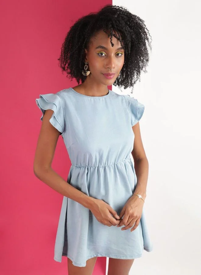 Women Flared Solid Round Neck Short Sleeve Denim Flare Dress