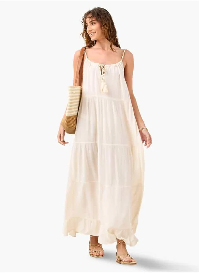فاف Tiered Maxi Sleeveless Dress with Tie-Up Neck