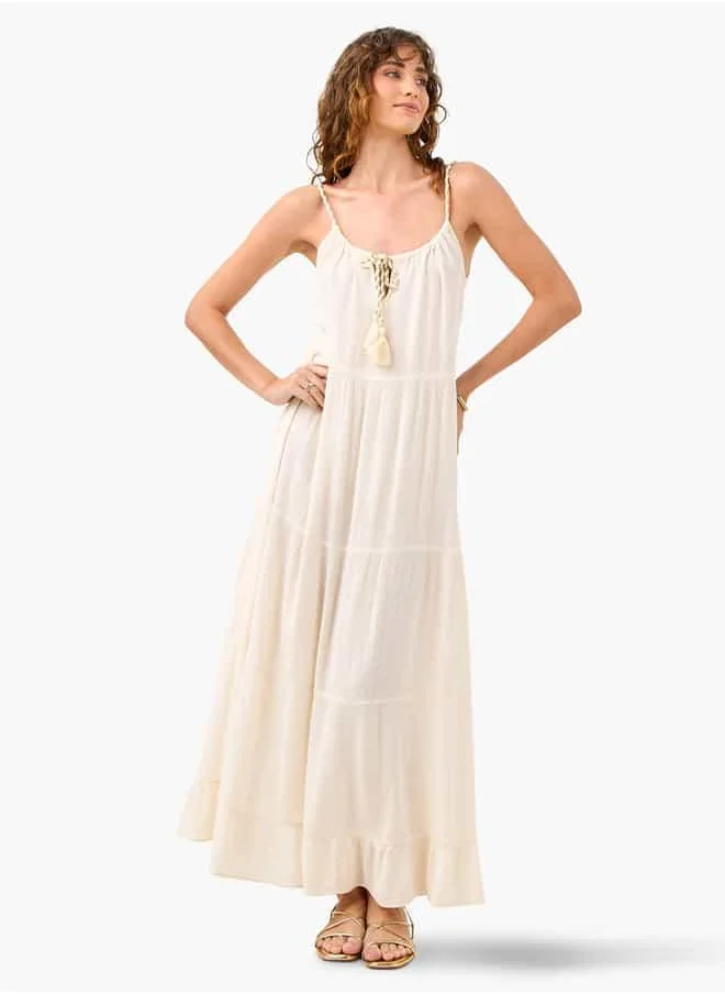 فاف Tiered Maxi Sleeveless Dress with Tie-Up Neck