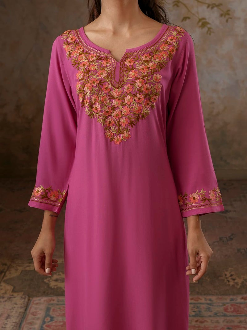 QAZMI Women's Huma Kashmiri Aari Work Keyhole Neck Viscose Rayon Pink Straight Kurta - Image 4