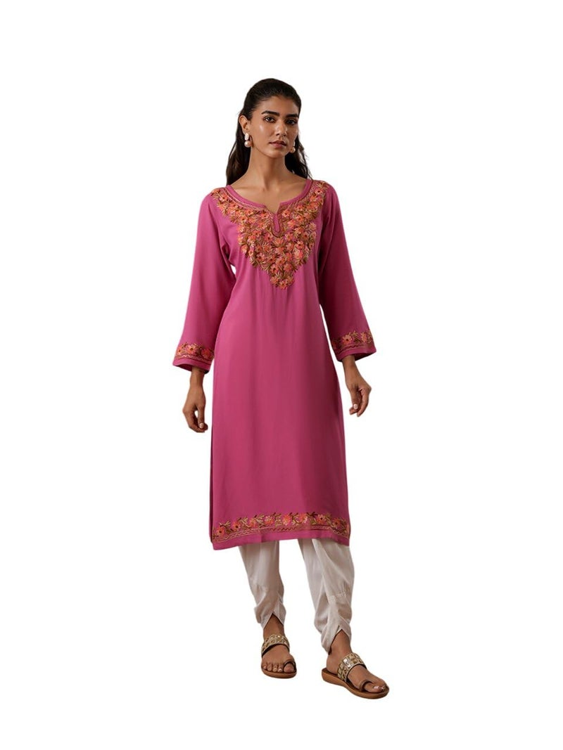 QAZMI Women's Huma Kashmiri Aari Work Keyhole Neck Viscose Rayon Pink Straight Kurta - Image 1