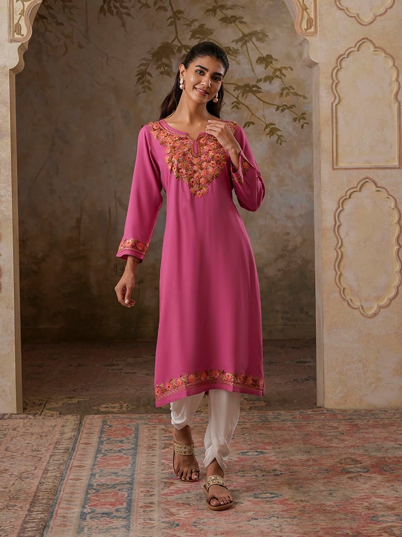 QAZMI Women's Huma Kashmiri Aari Work Keyhole Neck Viscose Rayon Pink Straight Kurta - Image 5