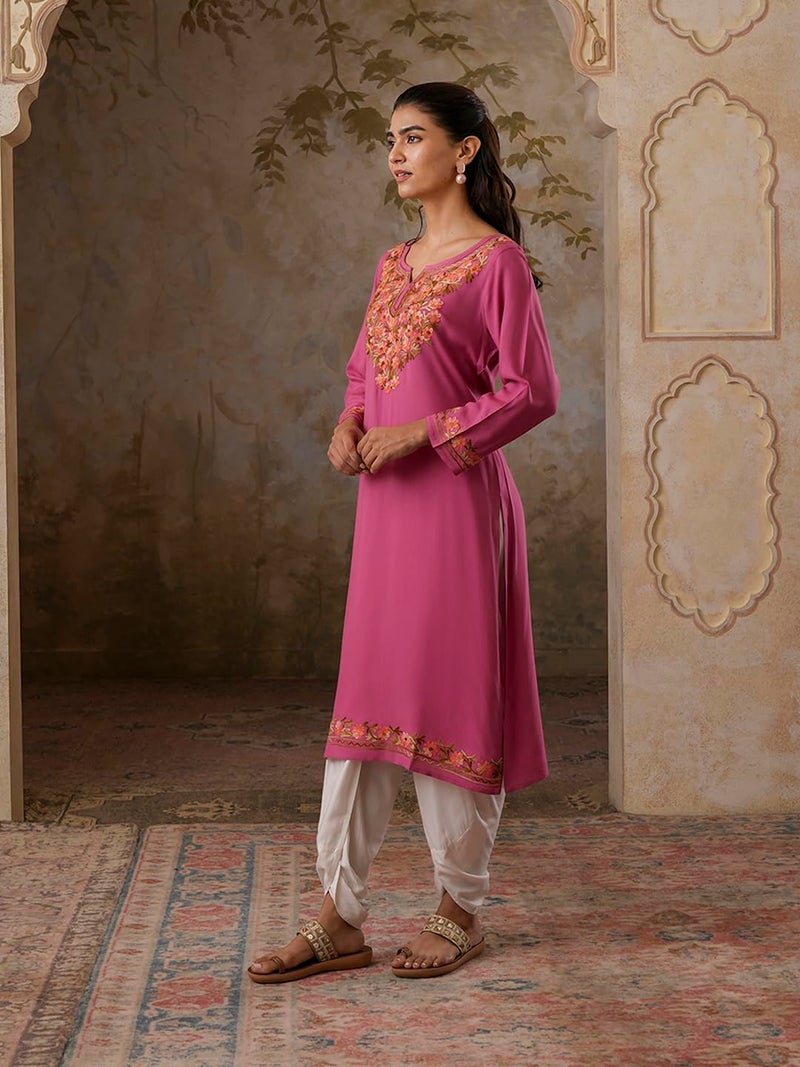 QAZMI Women's Huma Kashmiri Aari Work Keyhole Neck Viscose Rayon Pink Straight Kurta - Image 3
