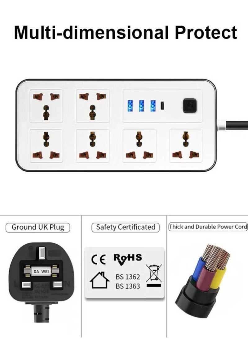 حامي مقبس تمديد الطاقة بطول 6.5 قدم - 6 مآخذ واسعة مع 3 منافذ USB-A و 1 منفذ USB Type C، مقبس مسطح، تركيب جداري، محطة شحن USB للمكتب، مثالي لجميع الأجهزة الإلكترونية، لون أبيض، أبعاد 220x110x30 ملم  - Image 1