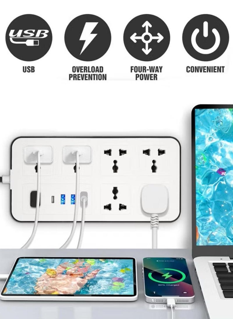 حامي مقبس تمديد الطاقة بطول 6.5 قدم - 6 مآخذ واسعة مع 3 منافذ USB-A و 1 منفذ USB Type C، مقبس مسطح، تركيب جداري، محطة شحن USB للمكتب، مثالي لجميع الأجهزة الإلكترونية، لون أبيض، أبعاد 220x110x30 ملم  - Image 2
