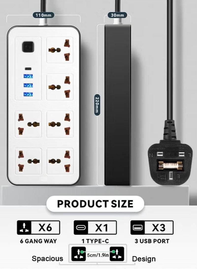 حامي مقبس تمديد الطاقة بطول 6.5 قدم - 6 مآخذ واسعة مع 3 منافذ USB-A و 1 منفذ USB Type C، مقبس مسطح، تركيب جداري، محطة شحن USB للمكتب، مثالي لجميع الأجهزة الإلكترونية، لون أبيض، أبعاد 220x110x30 ملم  - Image 5